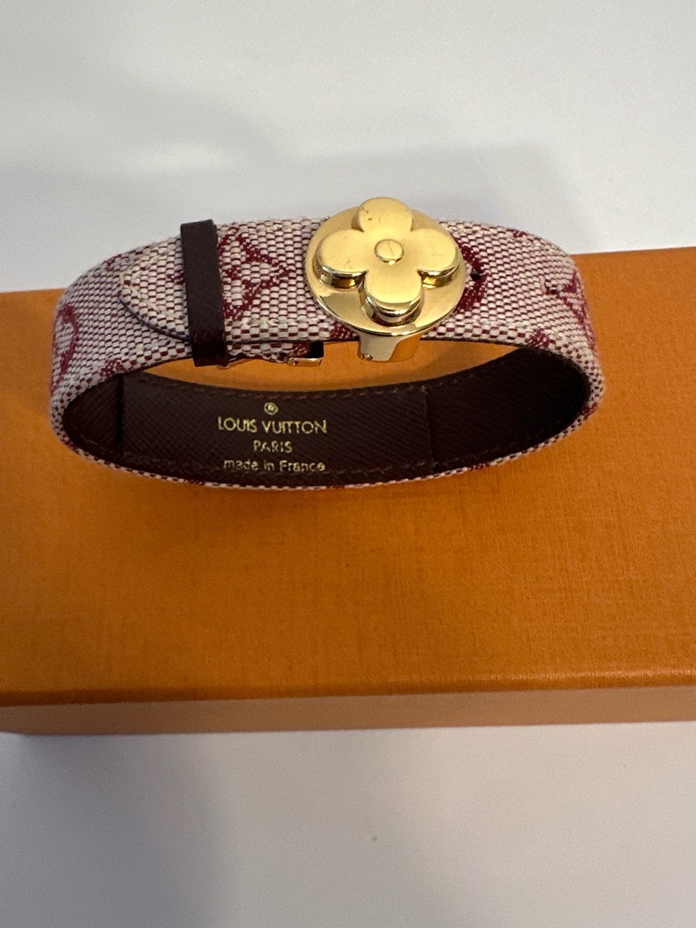 Louis Vuitton Red and Cream Monogram Flower Clasp Bracelet with Gold Hardware